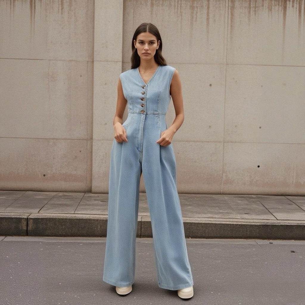 Salopette Jean Femme à Col V - Clairea Boutique