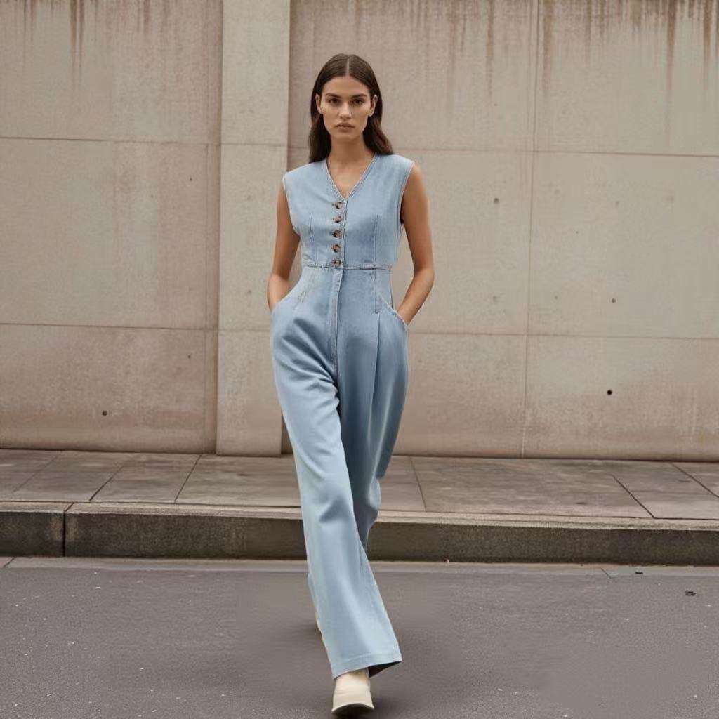 Salopette Jean Femme à Col V - Clairea Boutique