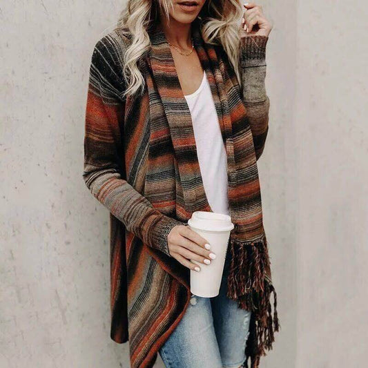Manteau Pull à Rayures Slim Mi-Long avec Franges - Clairea Boutique