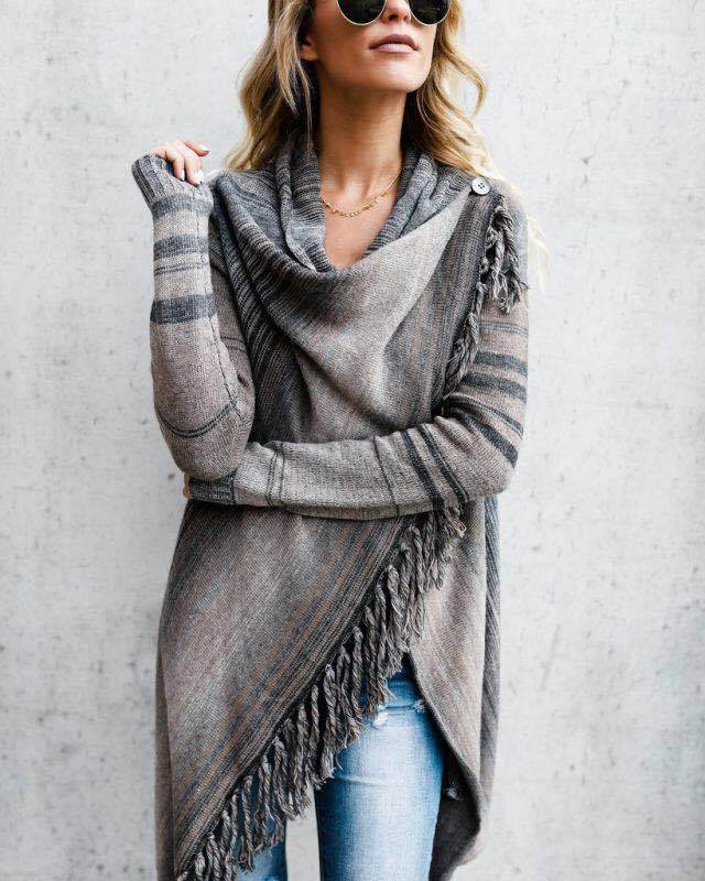 Manteau Pull à Rayures Slim Mi-Long avec Franges - Clairea Boutique
