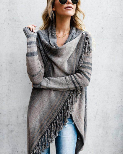 Manteau Pull à Rayures Slim Mi-Long avec Franges - Clairea Boutique