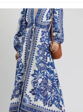 Robe Longue Imprimée à Manches Bouffantes et Col V - Clairea Boutique
