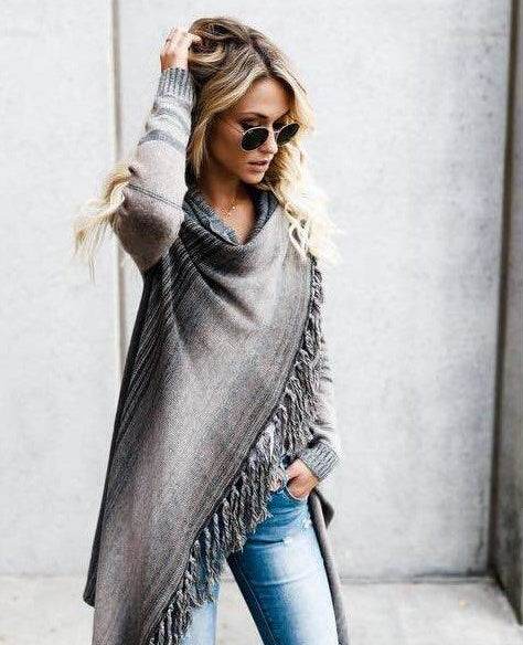 Manteau Pull à Rayures Slim Mi-Long avec Franges - Clairea Boutique