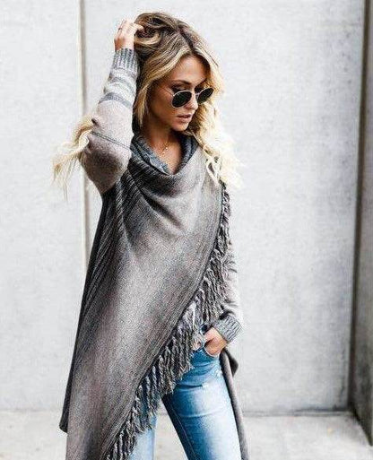 Manteau Pull à Rayures Slim Mi-Long avec Franges - Clairea Boutique