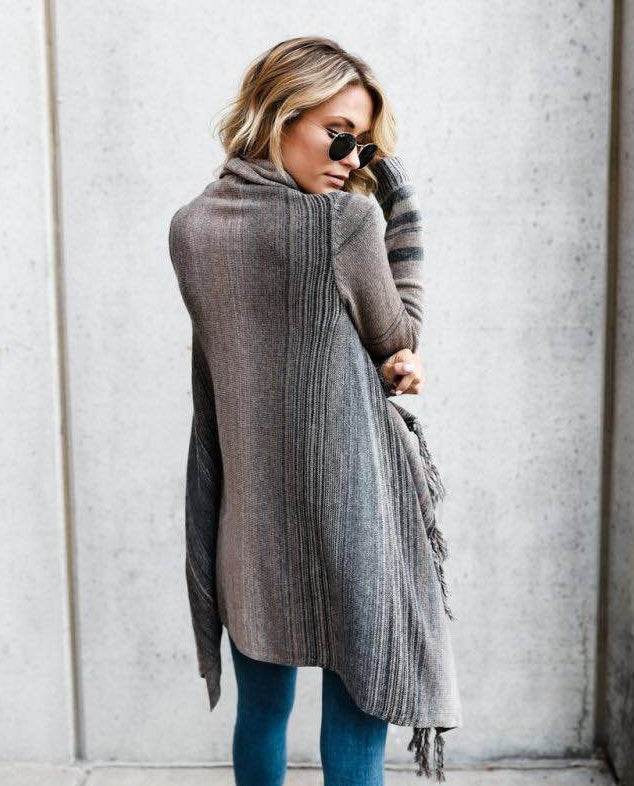 Manteau Pull à Rayures Slim Mi-Long avec Franges - Clairea Boutique