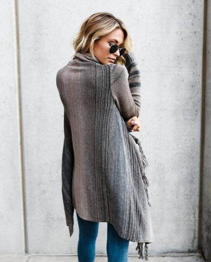 Manteau Pull à Rayures Slim Mi-Long avec Franges - Clairea Boutique