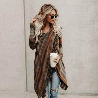 Manteau Pull à Rayures Slim Mi-Long avec Franges - Clairea Boutique