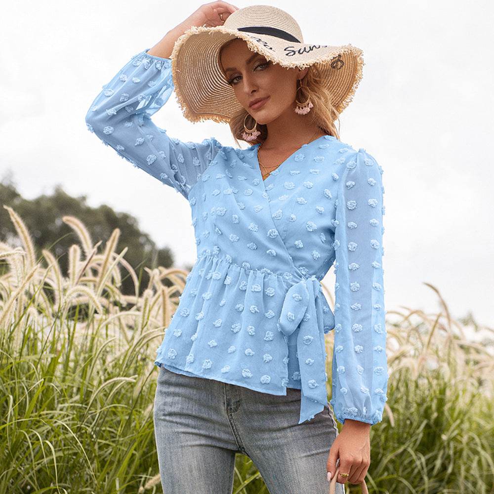 Blouse Femme Élégante à Col V en Dentelle Jacquard - Clairea Boutique