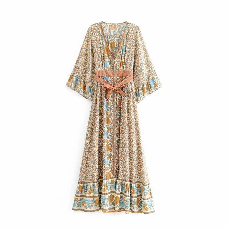 Robe Imprimé Tournesol avec Ceinture - Clairea Boutique