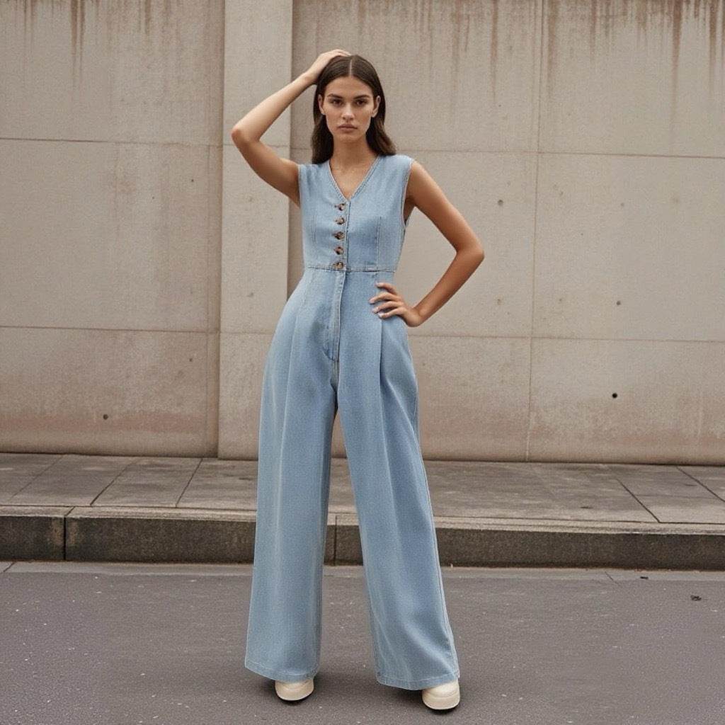 Salopette Jean Femme à Col V - Clairea Boutique