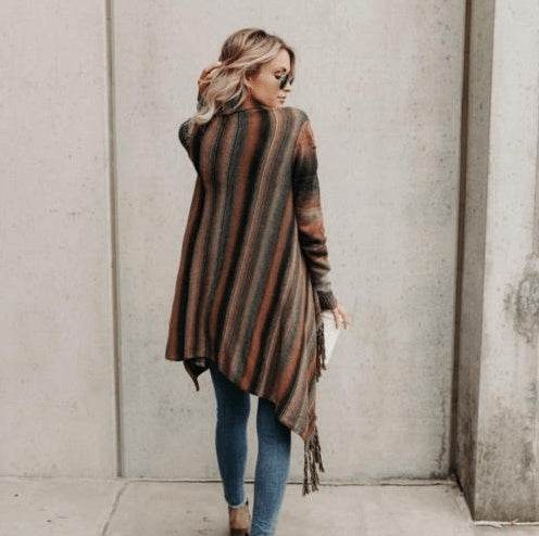 Manteau Pull à Rayures Slim Mi-Long avec Franges - Clairea Boutique