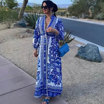 Robe Longue Imprimée à Manches Bouffantes et Col V - Clairea Boutique
