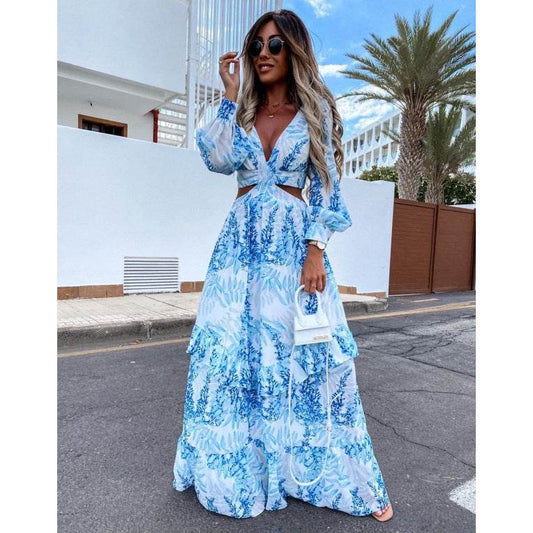 Robe Longue Élégante à Col V, Manches Longues et Motif - Clairea Boutique