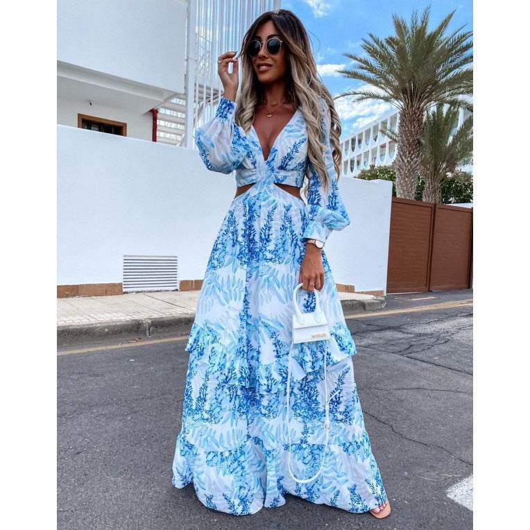 Robe Longue Élégante à Col V, Manches Longues et Motif - Clairea Boutique