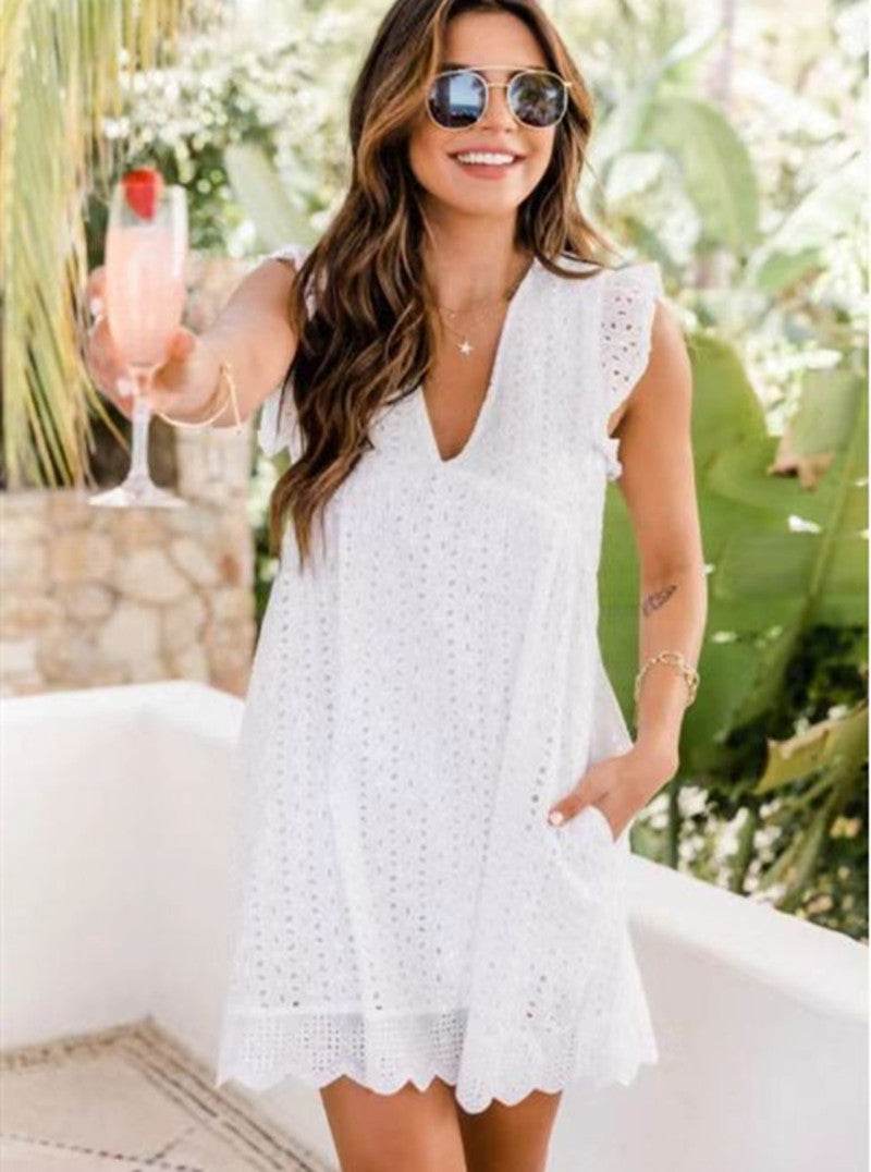 Robe d'Été Sans Manches en Dentelle Jacquard – Décolleté V et Poches Pratiques - Clairea Boutique