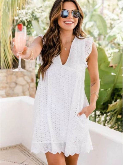 Robe d'Été Sans Manches en Dentelle Jacquard – Décolleté V et Poches Pratiques - Clairea Boutique