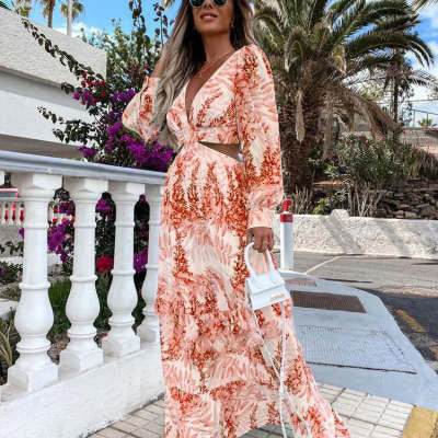 Robe Longue Élégante à Col V, Manches Longues et Motif - Clairea Boutique