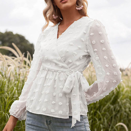Blouse Femme Élégante à Col V en Dentelle Jacquard - Clairea Boutique