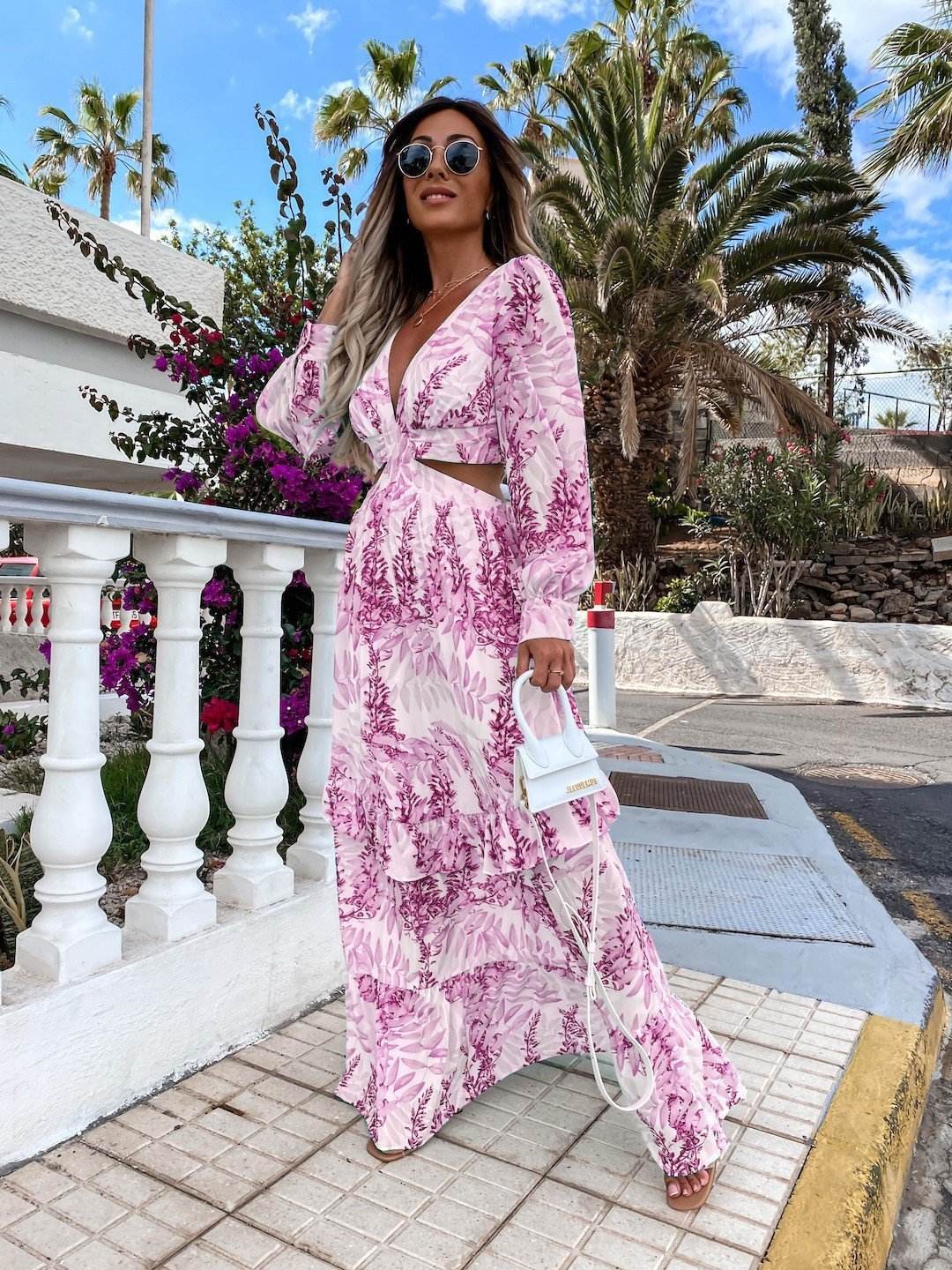 Robe Longue Élégante à Col V, Manches Longues et Motif - Clairea Boutique