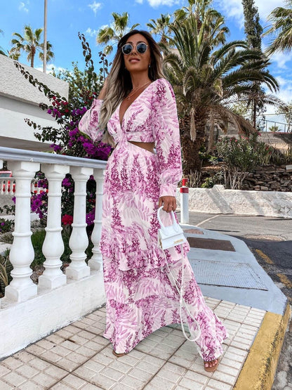 Robe Longue Élégante à Col V, Manches Longues et Motif - Clairea Boutique