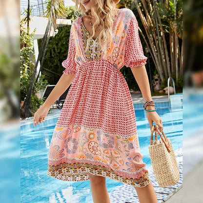 Robe Bohème Imprimée Col V - Clairea Boutique