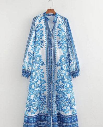 Robe Longue Imprimée à Manches Bouffantes et Col V - Clairea Boutique