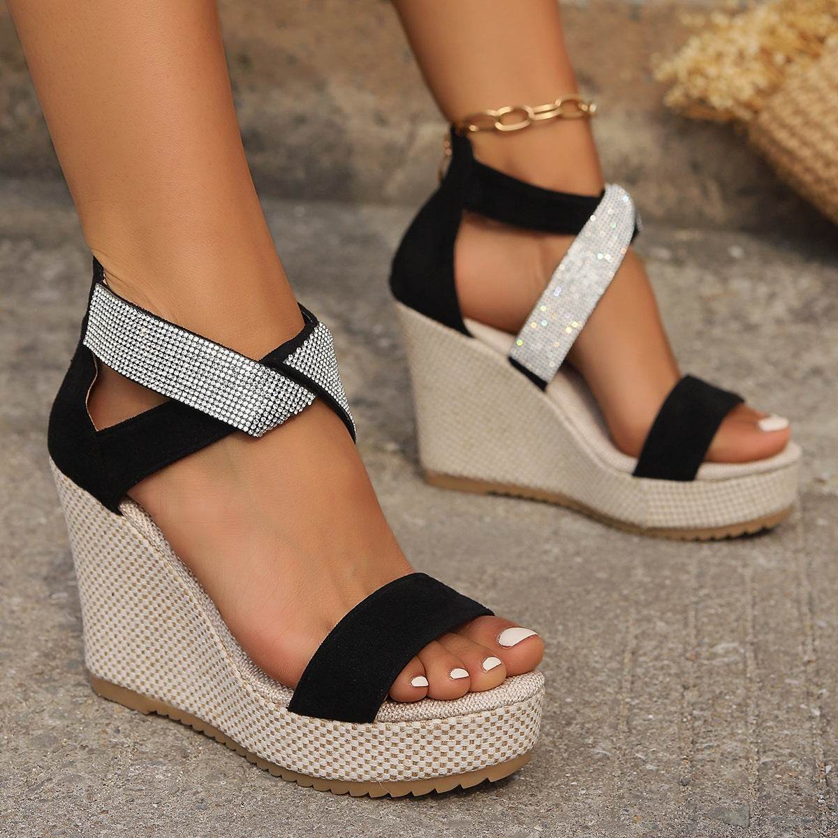 Sandales Compensées Hautes avec Décor Strass Étincelants - Clairea Boutique
