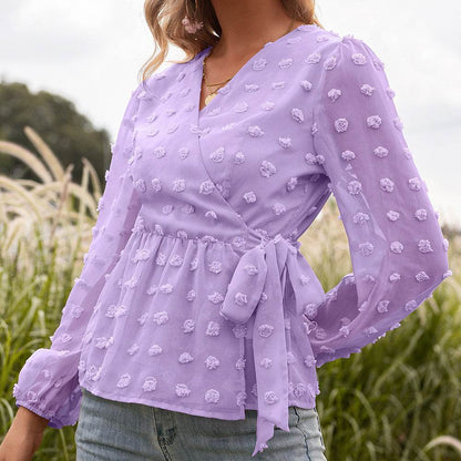 Blouse Femme Élégante à Col V en Dentelle Jacquard - Clairea Boutique