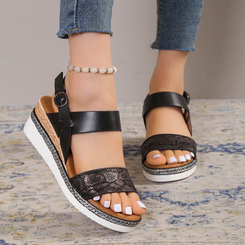 Sandales Compensées à Bout Rond avec Larges Brides - Clairea Boutique