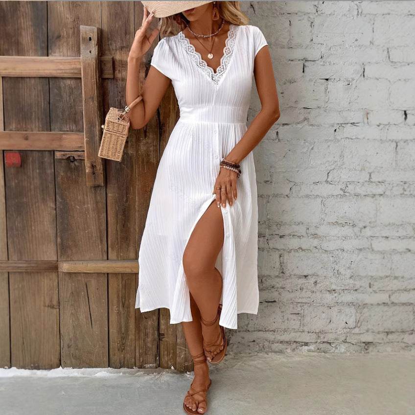 Robe Élégante à Col V Dentelle Texturée - Clairea Boutique