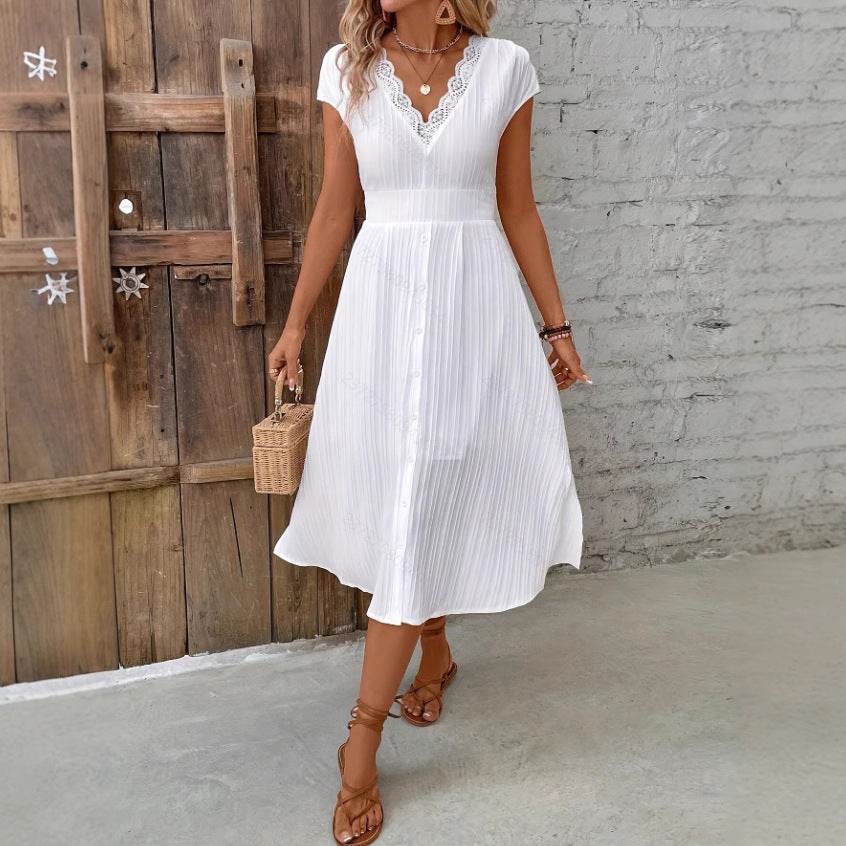 Robe Élégante à Col V Dentelle Texturée - Clairea Boutique