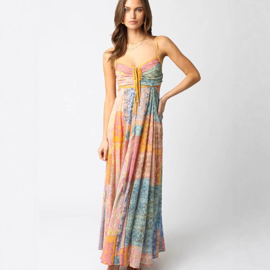 Robe Longue à Bretelles Col V Imprimée - Clairea Boutique
