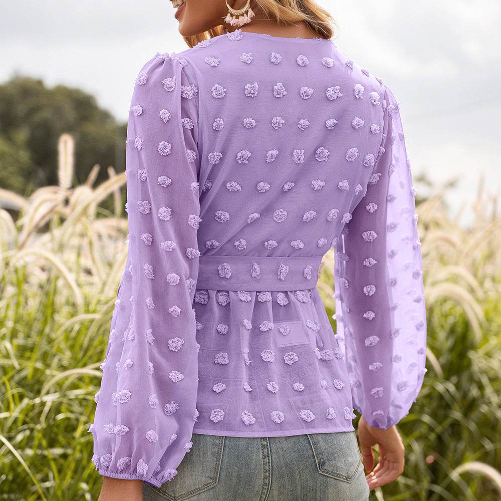Blouse Femme Élégante à Col V en Dentelle Jacquard - Clairea Boutique