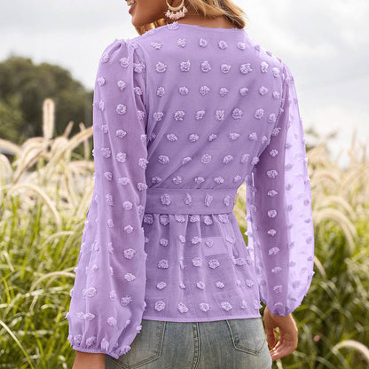 Blouse Femme Élégante à Col V en Dentelle Jacquard - Clairea Boutique