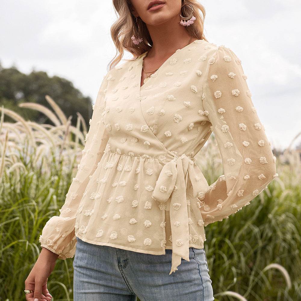 Blouse Femme Élégante à Col V en Dentelle Jacquard - Clairea Boutique