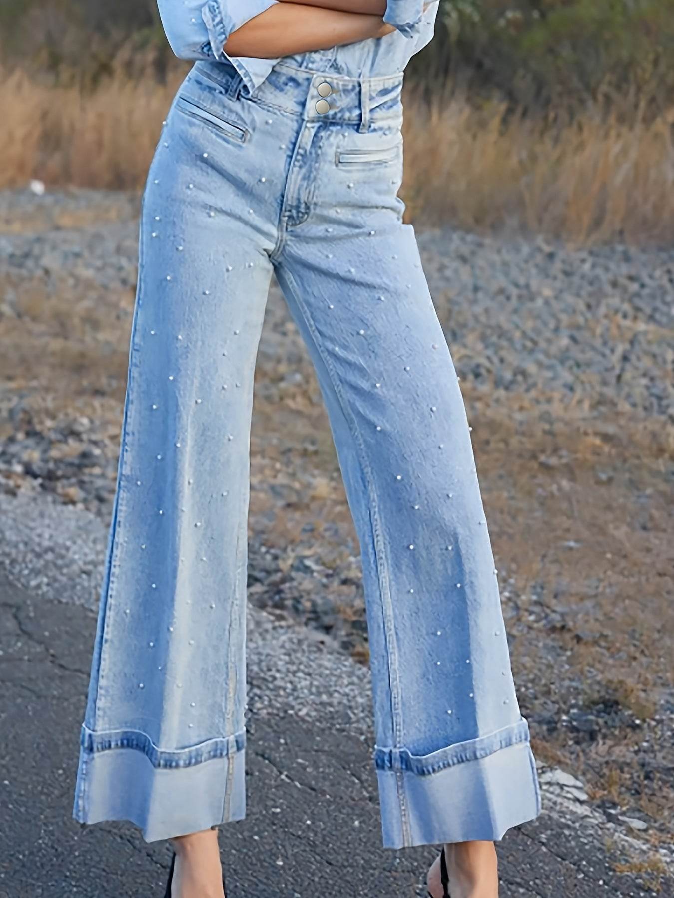 Jean Taille Haute Perles & Stretch - Clairea Boutique