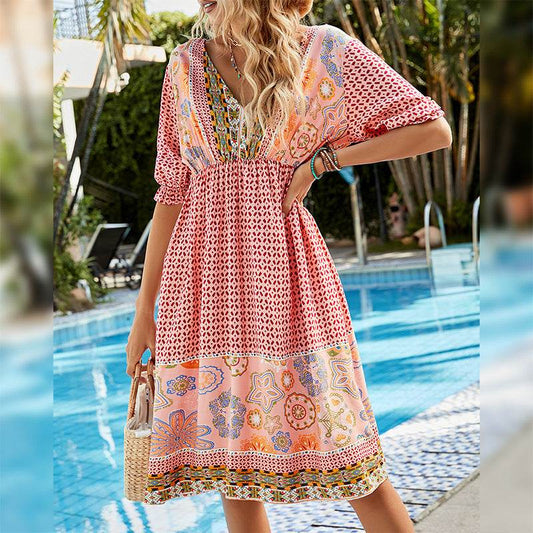 Robe Bohème Imprimée Col V - Clairea Boutique
