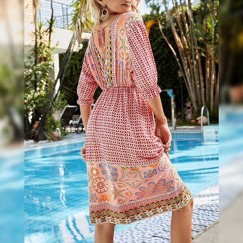 Robe Bohème Imprimée Col V - Clairea Boutique