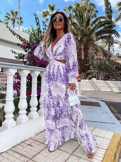 Robe Longue Élégante à Col V, Manches Longues et Motif - Clairea Boutique