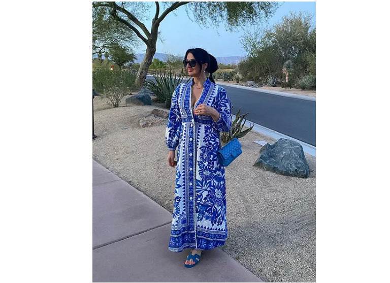 Robe Longue Imprimée à Manches Bouffantes et Col V - Clairea Boutique