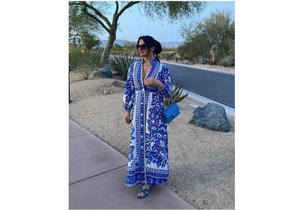 Robe Longue Imprimée à Manches Bouffantes et Col V - Clairea Boutique