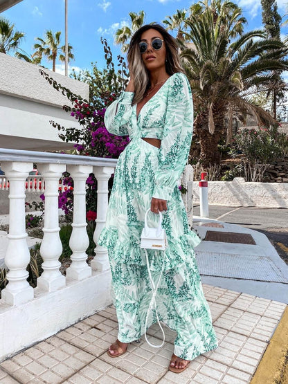 Robe Longue Élégante à Col V, Manches Longues et Motif - Clairea Boutique