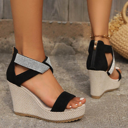 Sandales Compensées Hautes avec Décor Strass Étincelants - Clairea Boutique