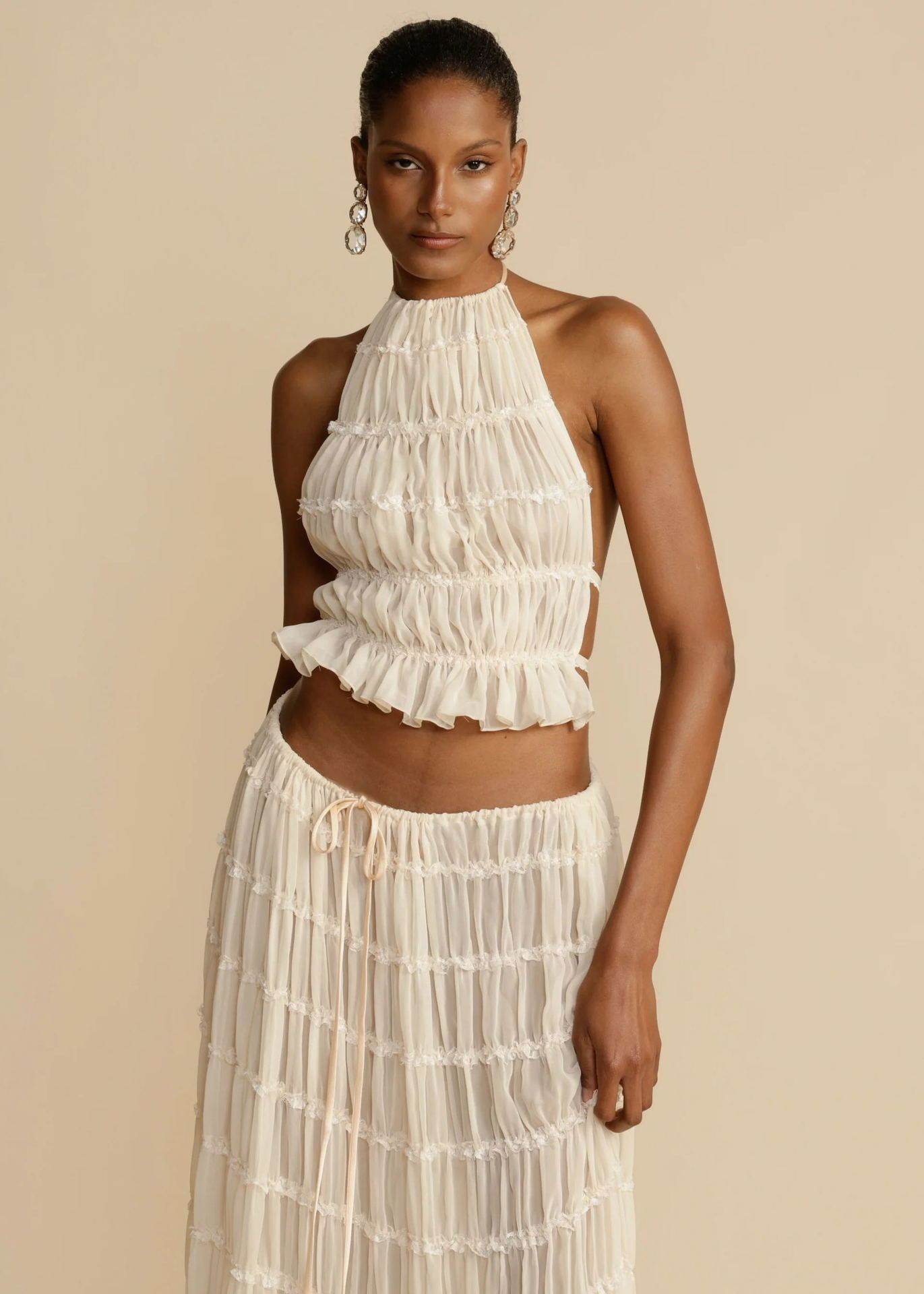 Ensemble 2 pièces Haut court dos nu + jupe longue plissée - Clairea Boutique