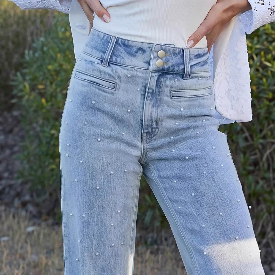 Jean Taille Haute Perles & Stretch - Clairea Boutique