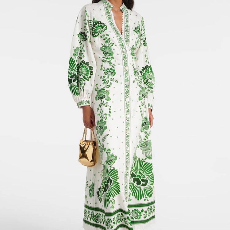 Robe Longue Imprimée à Manches Bouffantes et Col V - Clairea Boutique