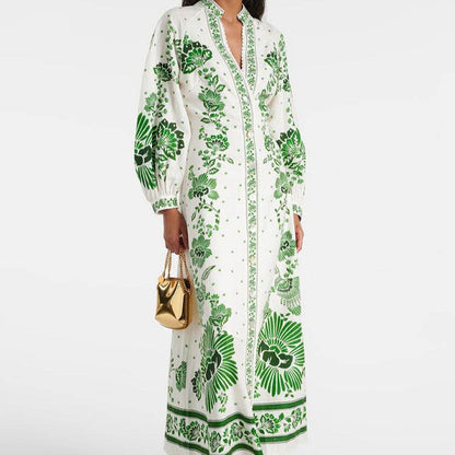 Robe Longue Imprimée à Manches Bouffantes et Col V - Clairea Boutique