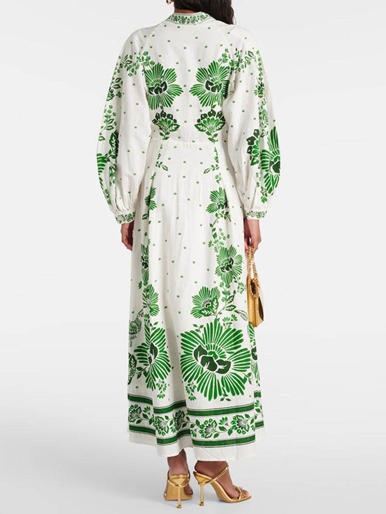 Robe Longue Imprimée à Manches Bouffantes et Col V - Clairea Boutique