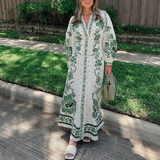 Robe Longue Imprimée à Manches Bouffantes et Col V - Clairea Boutique