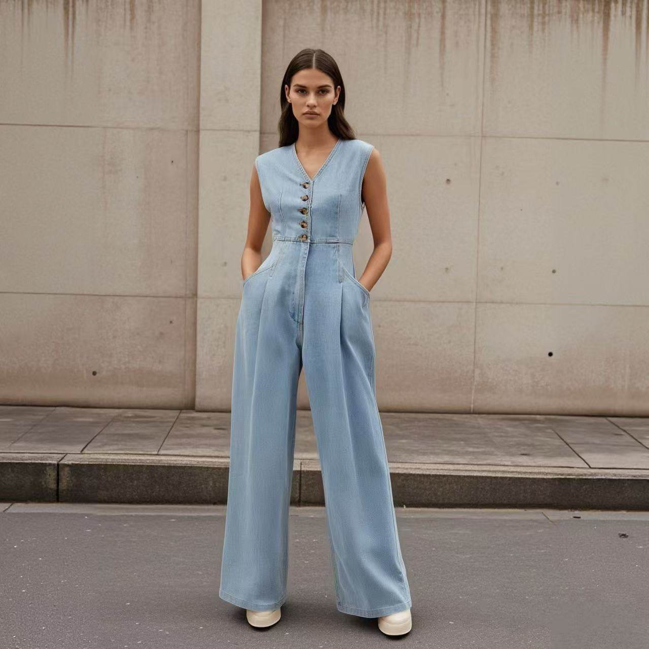 Salopette Jean Femme à Col V - Clairea Boutique
